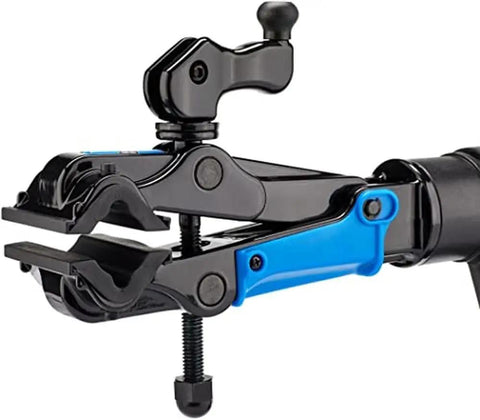 Close-up of Bench Mount Workstand with a Dope 360 Degree Clamp for Easy Bike Repair and Shop Use Micro Adjustable 100 5D Clamp