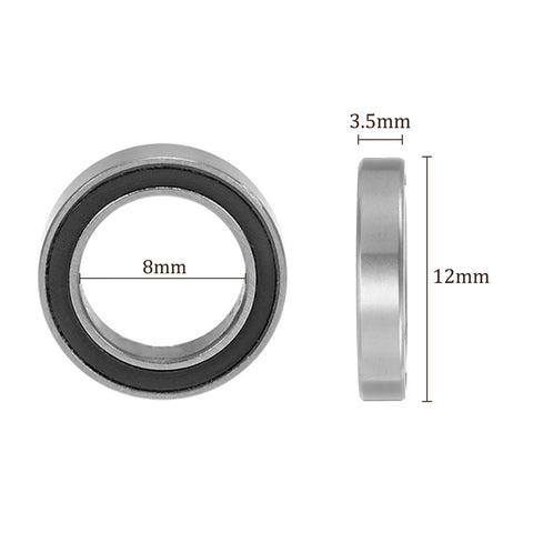 MR128-2RS ball bearing, chrome steel, double sealed, 8x12x3.5mm, front and side views.