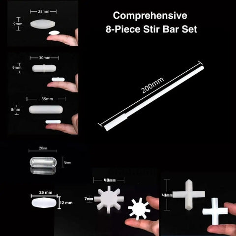 Eight Piece High Temperature PTFE Stir Bar Set for Lab Mixers and Beakers includes Retriever Stick Pro Grade Glass Stir Bars Up to 350 Celsius