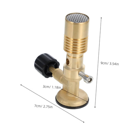 Portable Gas Blowtorch Head For Camping And Outdoor Cooking, Propane Bunsen Burner with brass construction and dimensions displayed