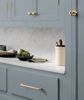 Brushed Gold Cabinet Handles 10 Pack, 7-1/2 Inch Hole Centers, Built To Last Solid Zinc Alloy Drawer Pulls on blue cabinet