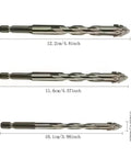 Set of three carbide-tipped sawtooth eccentric drill bits with hex shanks; lengths 10.1–12.2 cm