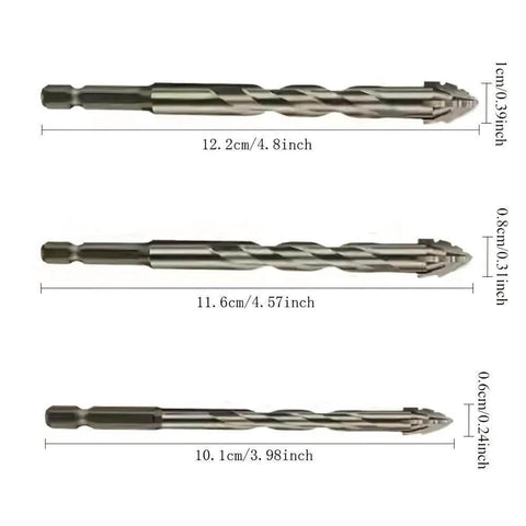 Set of three carbide-tipped sawtooth eccentric drill bits with hex shanks; lengths 10.1–12.2 cm