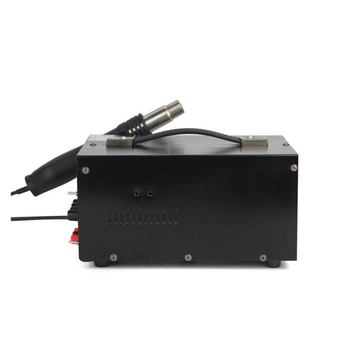Awesome 853D Dual Display Soldering Hot Air Rework Station With Power Supply For Pro Repair Jobs And DIY Electronics Workbench Build Projects, rear view with temperature control handle.