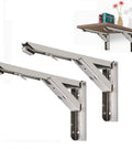 2 Piece Heavy Duty Folding Shelf Brackets Wall Mount rugged stainless steel brackets for supporting a collapsible wood table.
