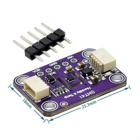 High Precision Temperature And Humidity Sensor Module 3.3 To 5V I2C with pin connectors, purple PCB, 25.3mm x 18mm dimensions.