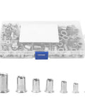 Pro Grade Rivet Nut Kit For Sheet Metal Repair M3 To M10 Stainless Steel Threaded Inserts in clear organized storage box