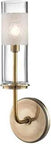Wentworth 1-Light Wall Sconce In Aged Brass With Clear Mouth-Blown Glass Shade, Honey Hive Inspired Mid-Century Modern Vibe