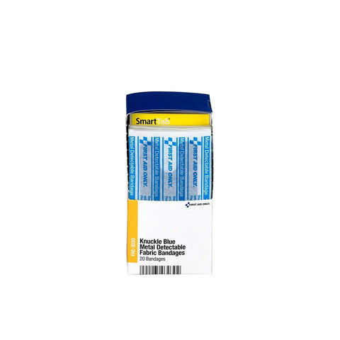 Blue metal-detectable knuckle bandages, front view, 20-count, First Aid Only SmartCompliance refill