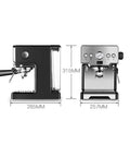 Front and side view of 1.7L Semi Automatic Espresso Coffee Maker For Home And Office, compact drip brewer with easy controls, dimensions shown.