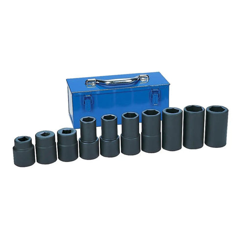 Professional 5 Spline Socket And Wrench Set Featuring 10 SAE Metric Pieces built tough, displayed in blue metal toolbox.