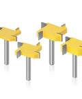 Four Piece One Quarter Inch Shank Router Bit Set For Spoilboard Surfacing And Rabbet Slot Grooving With Four Wing Cutters