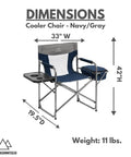 Foldable Cooler Chair With Attached Side Table For Camping Hiking And Backpacking Keeps Drinks Cold With Detachable Insulated Cooler Ergonomic Padded Armrests And A Folding Table For Campsites Navy measuring 33"W x 42"H x 19.5"D, 11 lbs