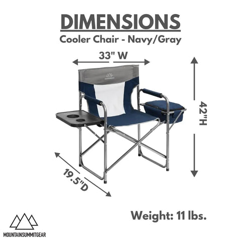 Foldable Cooler Chair With Attached Side Table For Camping Hiking And Backpacking Keeps Drinks Cold With Detachable Insulated Cooler Ergonomic Padded Armrests And A Folding Table For Campsites Navy measuring 33"W x 42"H x 19.5"D, 11 lbs