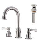 Widespread 8 Inch Bathroom Faucet With 3 Holes Brushed Nickel Finish Two Handles Pop Up Drain High Arc Spout Vanity Lavatory Basin Sink Faucet Lead Free Stainless Steel Construction cUPC Certified No Splash image showing faucet set.