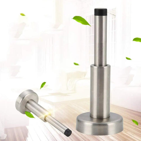 Wall Mounted Door Stop Bumper With Hydraulic Buffer Stainless Steel Low Noise Sound Dampening Protector in a living room setting