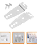 Heavy Duty Iron Dishwasher Mounting Bracket Kit Locks Your Rig Down Tight So You Slide Out Racks With Zero Wobblies Solid Anti Tip Base For Granite Countertops Comes Loaded With Pro Grade Screws And Hardware shown in two silver brackets and screws.