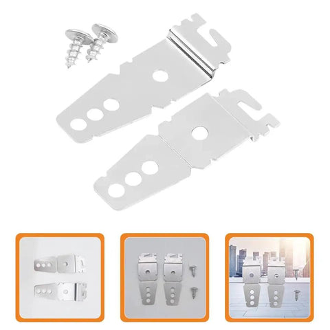 Heavy Duty Iron Dishwasher Mounting Bracket Kit Locks Your Rig Down Tight So You Slide Out Racks With Zero Wobblies Solid Anti Tip Base For Granite Countertops Comes Loaded With Pro Grade Screws And Hardware shown in two silver brackets and screws.