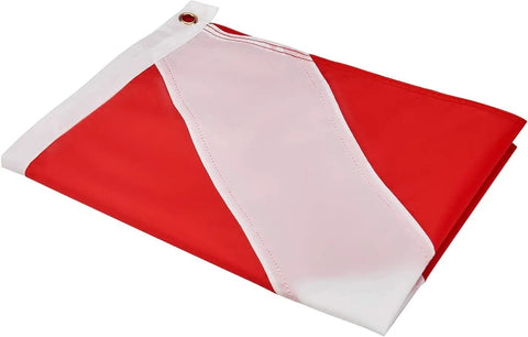 Folded Two Flag Duo Diver Down Flag Set 20x24 Inches With Golden Grommets Double Stitched Nylon Red And White Flags