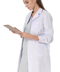 Top Tier White Lab Coat For Doctors And Nurses, Slick Unisex Long Sleeve Medical Scrub Jacket, Heavy Duty Polyester Workwear Daily Uniform For Clinic Grind And Lab Hustle In Extra Large, worn by a woman holding a tablet.