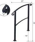 Rock Solid Wrought Iron Handrail For Outdoor Steps, Black Metal Stair Railing with curved grip, dimensions 37x55x16 inches.
