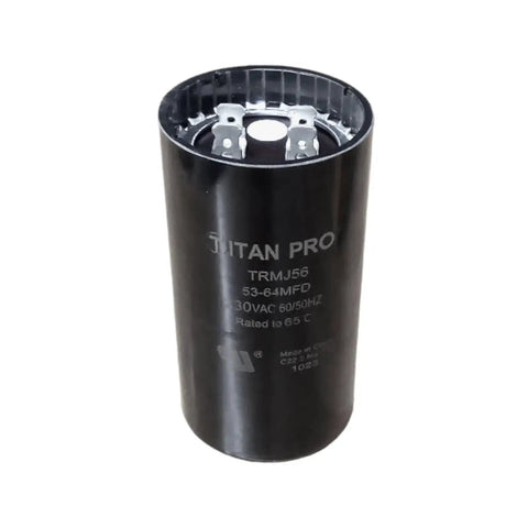 Beef Up Your AC Motor With This Dry Electrolytic Start Capacitor, 53-64 Microfarads, 330 VAC, One Quarter Inch Male Terminals, Built Tough For Industrial And Home Use In Intermittent Motor Starting, black can