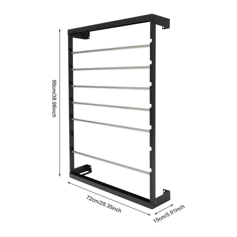 Six Rod Wall Mounted Wire Spool Rack With Adjustable Spacing Built Badass Tough For Garage Or Shop side view showing dimensions and design
