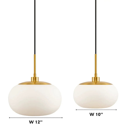 Big 12 Inch Opal Glass Pendant Light With Antique Brass Finish For Living Room And Kitchen Island, Warm Diffused Glow, shown in two sizes.