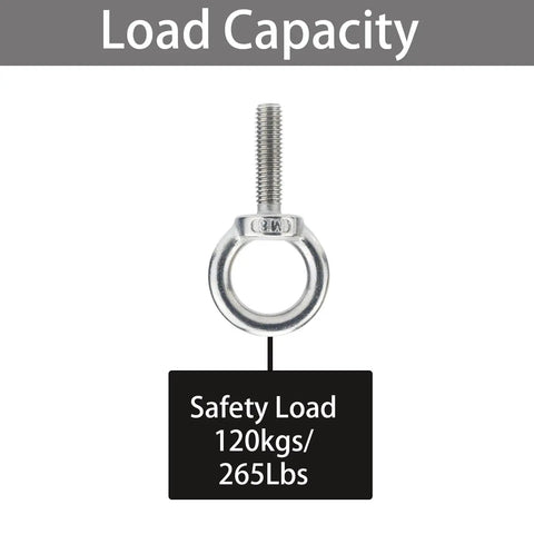 Four Pack M8 By 30mm Stainless Steel Eyebolts With Nuts And Washers 304 Grade Heavy Duty Eyebolts showing load capacity