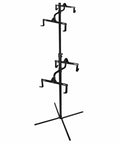 Freestanding Four Bike Storage Rack With Adjustable Gravity Hanger, black metal stand, holds bikes, space-saving design