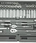 106 Piece Socket Set With One Quarter Inch And Three Eighth Inch Drive Six Point Sockets In Blow Molded Organizer Tray Includes Regular And Deep SAE And Metric Sizes
