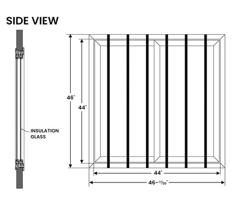 Hella Durable 44X44 Inch Dual Pane Sliding Window With Reinforced Security Bars And Weather Sealed PVC Frame side view with dimensions.