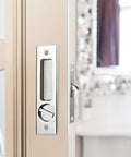Sliding Door Lock With Invisible Recessed Handle And Latch, Includes Keys, For Pocket Doors And Barn Wood Doors, Interior Privacy Furniture Hardware In Silver Finish, 16 Cm Long By 4.5 Cm Wide, Fits 36-50 Mm Door Thickness installed on door.