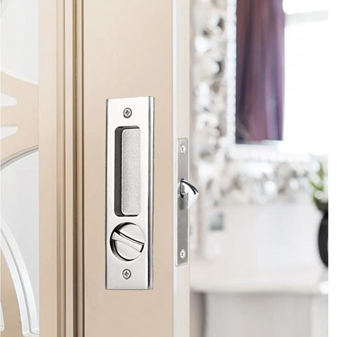 Sliding Door Lock With Invisible Recessed Handle And Latch, Includes Keys, For Pocket Doors And Barn Wood Doors, Interior Privacy Furniture Hardware In Silver Finish, 16 Cm Long By 4.5 Cm Wide, Fits 36-50 Mm Door Thickness installed on door.