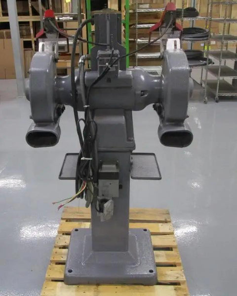 Shop Beast 12 Inch Bench Grinder with 3 Horsepower 3 Phase Motor, front view on pallet, grey steel design, industrial use.