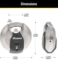 70mm Disc Padlock With Tough Cut Octagonal Boron Carbide Shackle For Indoor And Outdoor Security, front and side view dimensions shown