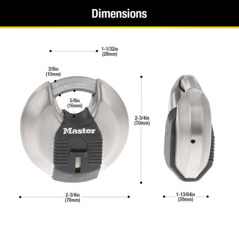 70mm Disc Padlock With Tough Cut Octagonal Boron Carbide Shackle For Indoor And Outdoor Security, front and side view dimensions shown