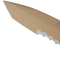 Close-up of M16-14DSFG Folding Knife With Liner Lock And Veff Serrations, G10 Handle, desert tan blade with titanium nitride coating.