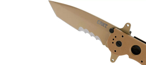 Close-up of M16-14DSFG Folding Knife With Liner Lock And Veff Serrations, G10 Handle, desert tan blade with titanium nitride coating.