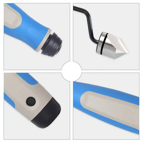 NG1000 deburring tool with blue handle and 90° countersink bit; four-view collage of tip, blade head, and grip