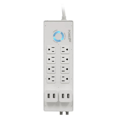 P360 8 Outlet Floor Surge Protector Charging Station with Detachable Dual USB Ports for Home Office Use, front view.