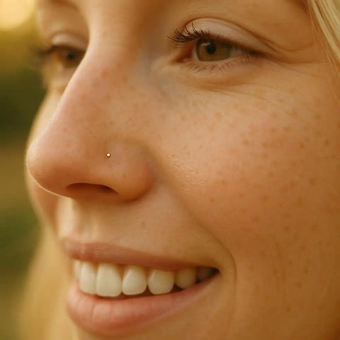 14K Gold Filled L Shaped Nose Stud With Tiny 1mm Micro Ball, 24G Thin Post 0.5mm, Hypoallergenic Minimalist Nostril Piercing Jewelry For Women, close-up on nose