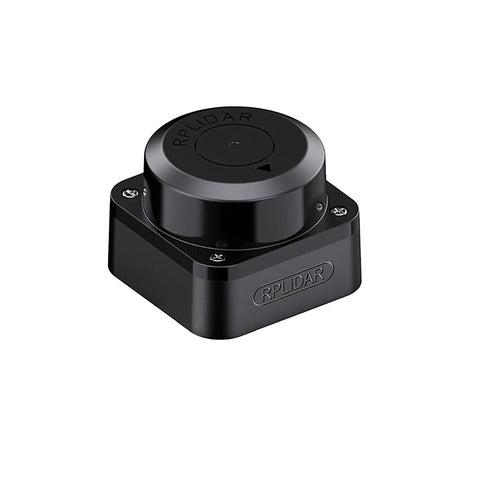 Next Level 360 Degree LiDAR Sensor Built For Robot Navigation And SLAM With 12m Range And 5000 Samples Per Second For Smooth Obstacle Avoidance Via UART 5V Power, close-up view of compact black unit.
