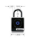Indoor Bluetooth padlock for lockers and storage with smartphone unlock and keypad backup, compact two inch wide, front view.