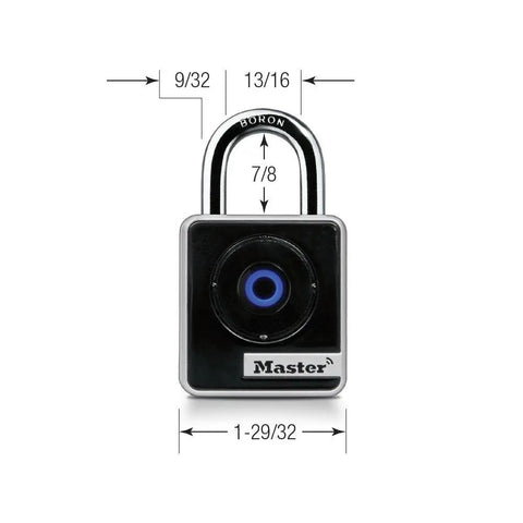 Indoor Bluetooth padlock for lockers and storage with smartphone unlock and keypad backup, compact two inch wide, front view.