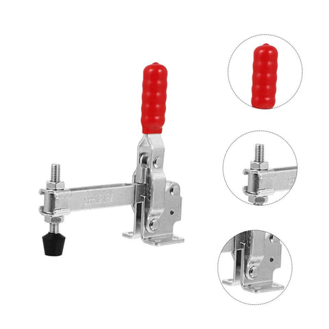 Two Pack Quick Release Toggle Clamps For Welding And Woodworking Iron Fixed Holding Clamps That Secure Materials During Welding And Assembly Heavy Duty Lock Down Fixtures For Precise Workholding Tools Easy Grip shown with red handle and metal body.