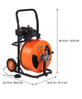 Game Changing 100 Feet Auto Feed Drain Cleaning Machine With Pneumatic Foot Pedal, shown from the side with dimensions.