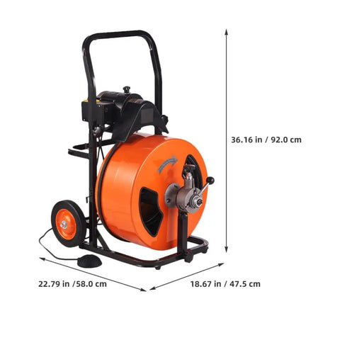 Game Changing 100 Feet Auto Feed Drain Cleaning Machine With Pneumatic Foot Pedal, shown from the side with dimensions.