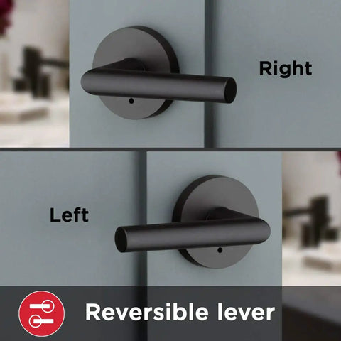 Milan Matte Black Iron Door Lever, Dope Modern Slim Round Privacy Handle, shown in reversible left and right orientations