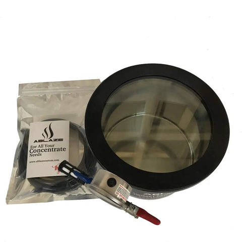 No Fuss 1.5 Gallon Vacuum Chamber Pressure Pot With Tempered Glass Lid and Rugged Steel Body showing pressure gauge and vacuum hose.